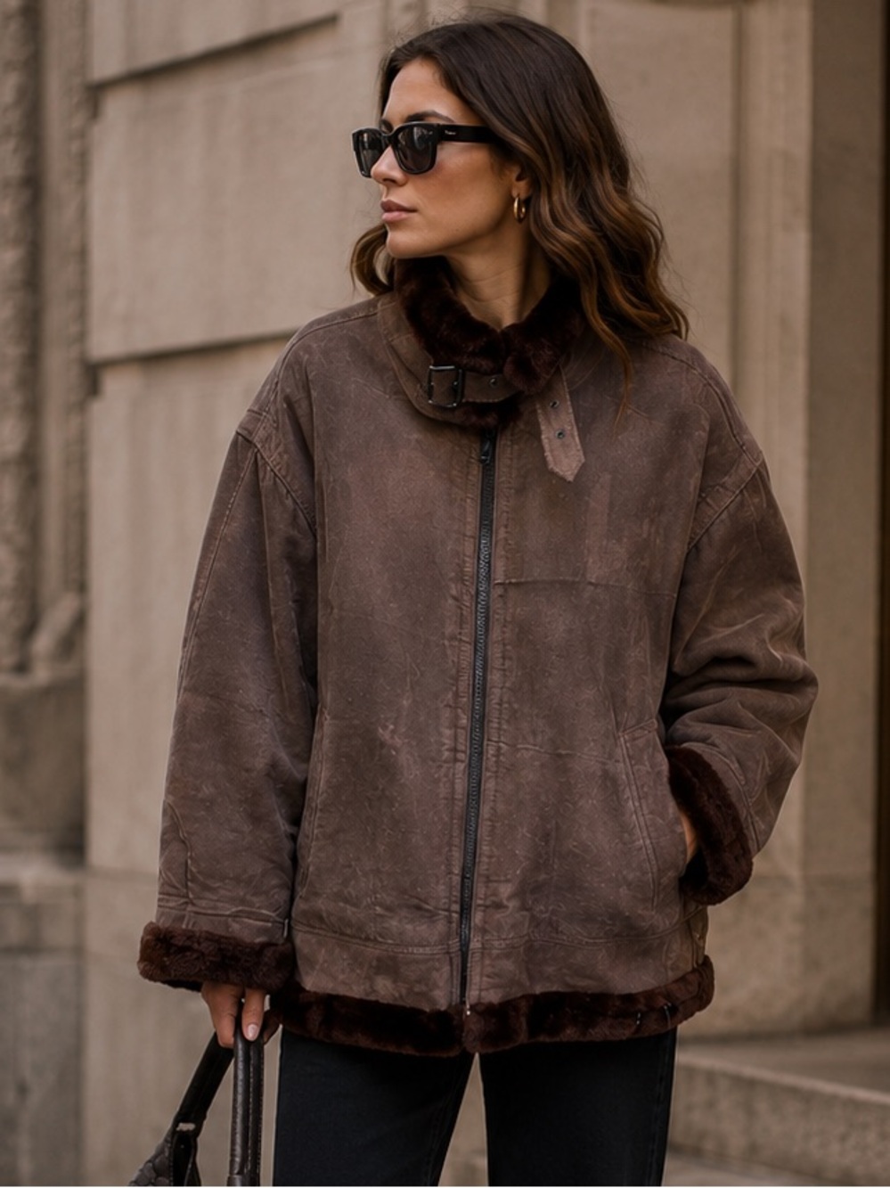 VINTAGE CUERO DE OVEJA Brown Shearling Suede Bomber Jacket, 6 (Oversized)